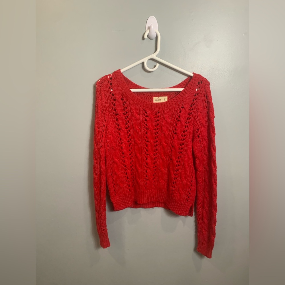 Hollister Red Crew Neck Sweater with Lacy Knit Design